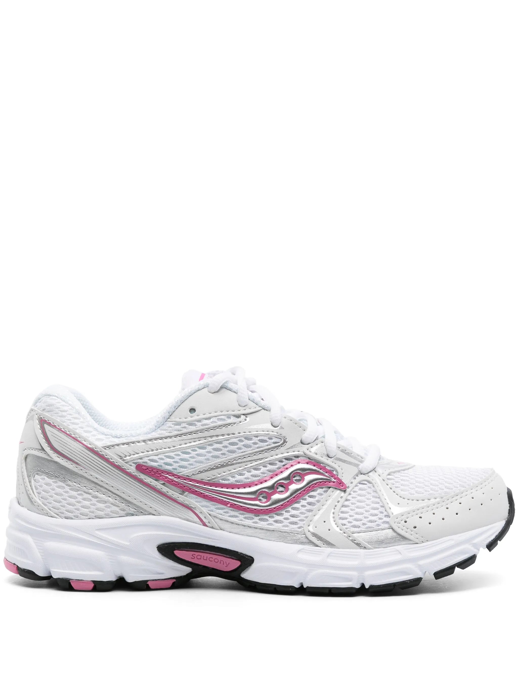 Saucony Grid Ride Millennium blanche avec détails argent et rose, mesh respirant et amorti GRID.Vue de coté