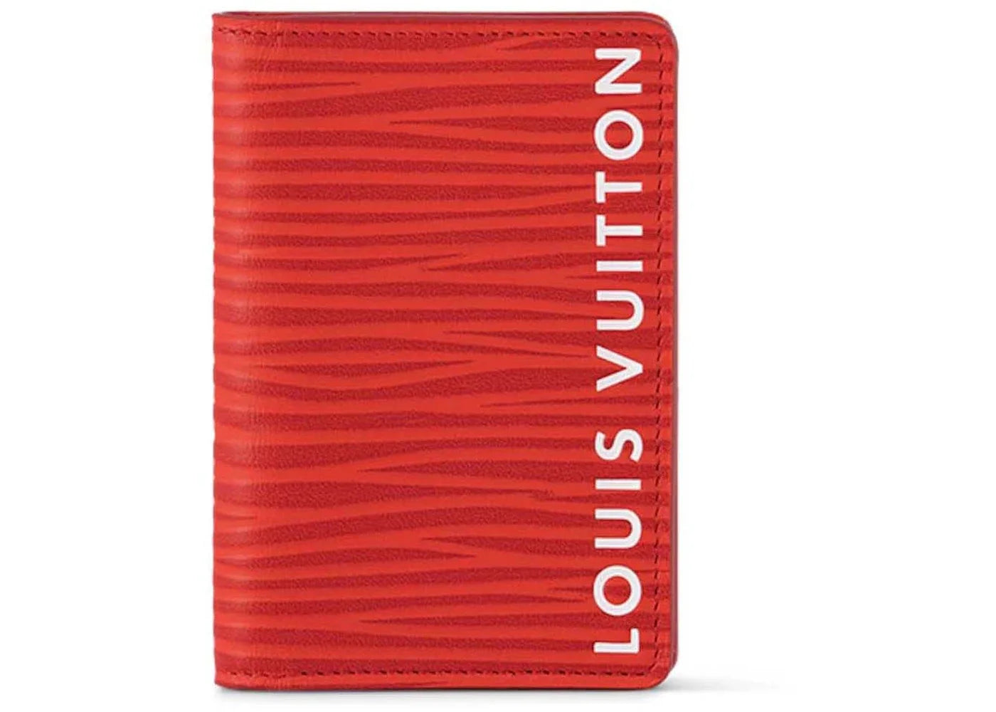 Louis Vuitton Pocket Organizer Vermillion Red, porte-cartes Louis Vuitton compact rouge vermillon avec plusieurs emplacements de rangement.