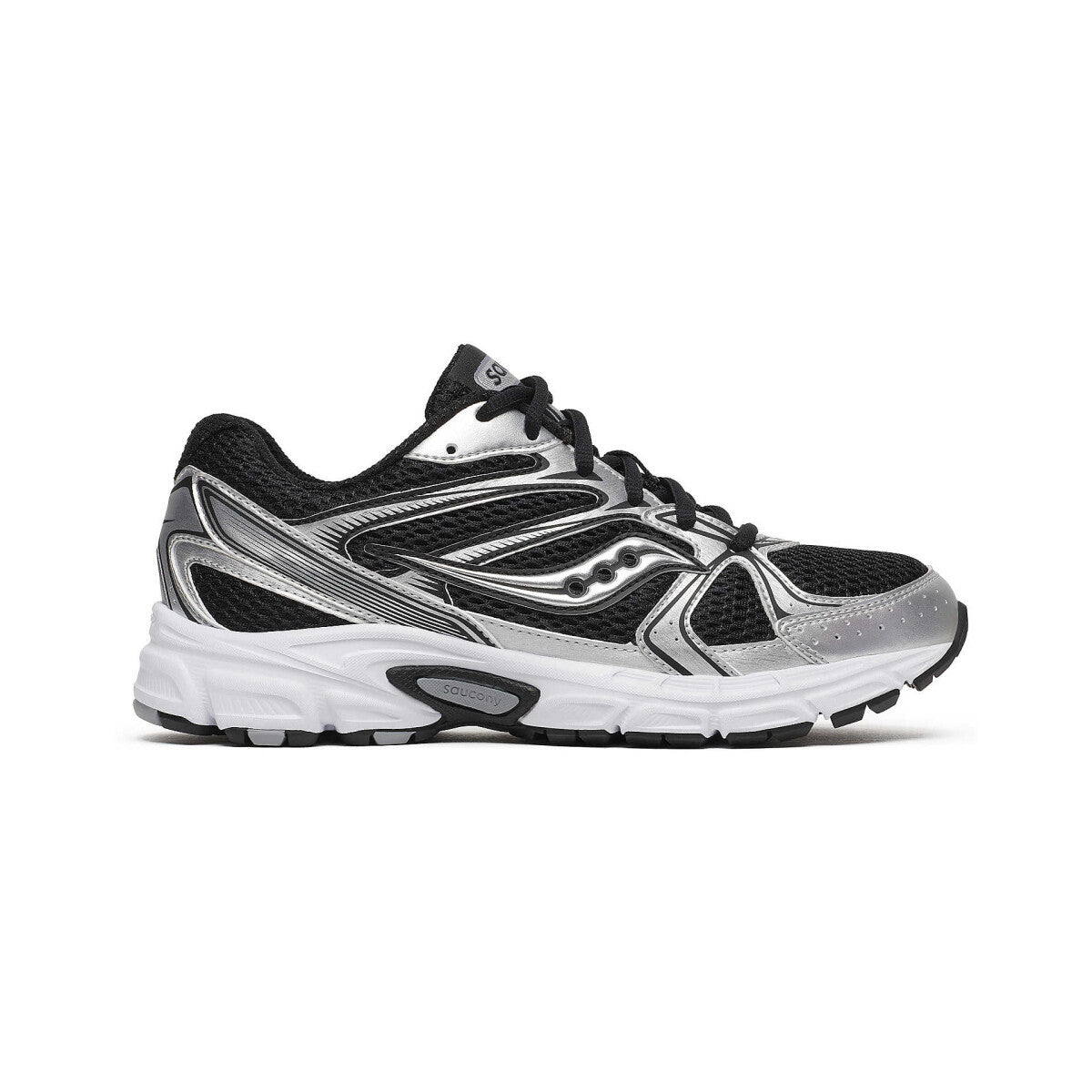 Saucony Grid Ride Millennium noire avec superpositions argent métallisé et amorti GRID.Vue de coté 