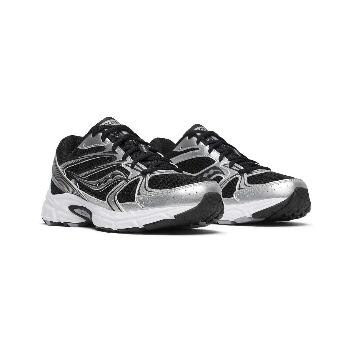Saucony Grid Ride Millennium noire avec superpositions argent métallisé et amorti GRID.Vue de profil