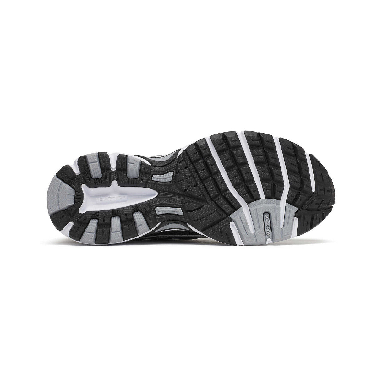 Saucony Grid Ride Millennium noire avec superpositions argent métallisé et amorti GRID.Vue de la semelle 