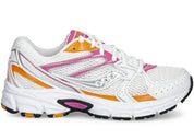Saucony Grid Ride Millennium blanche avec détails rose et orange, mesh respirant et amorti GRID rétro-tech.Vue de coté