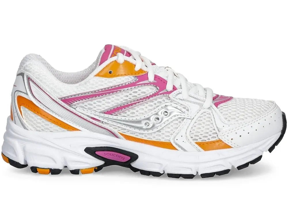 Saucony Grid Ride Millennium blanche avec détails rose et orange, mesh respirant et amorti GRID rétro-tech.Vue de coté