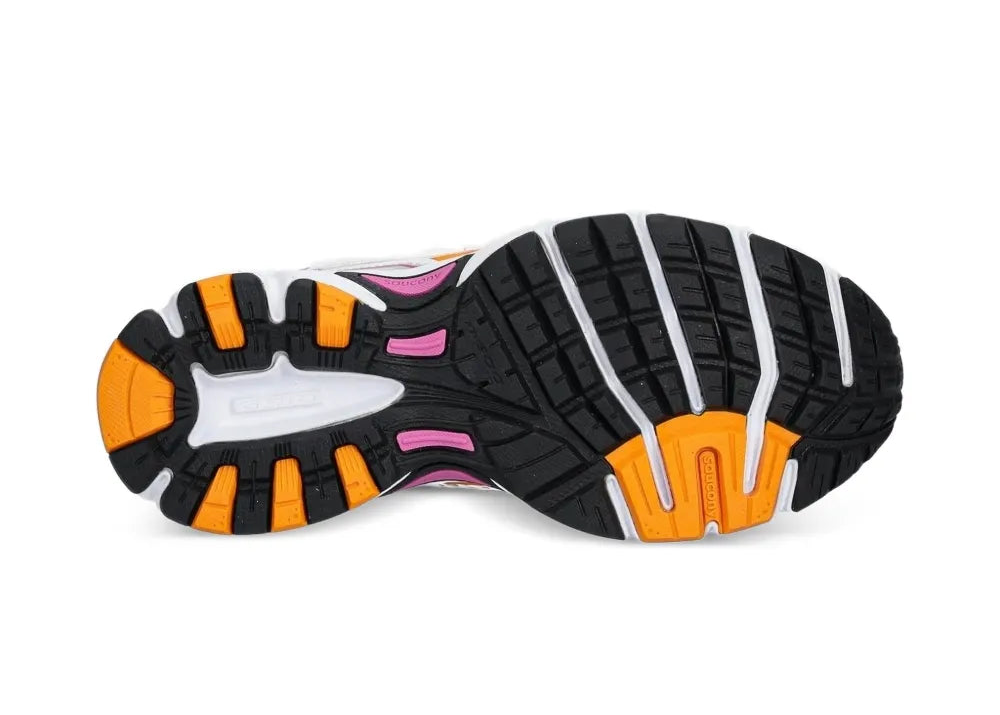 Saucony Grid Ride Millennium blanche avec détails rose et orange, mesh respirant et amorti GRID rétro-tech.Vue de la semelle 