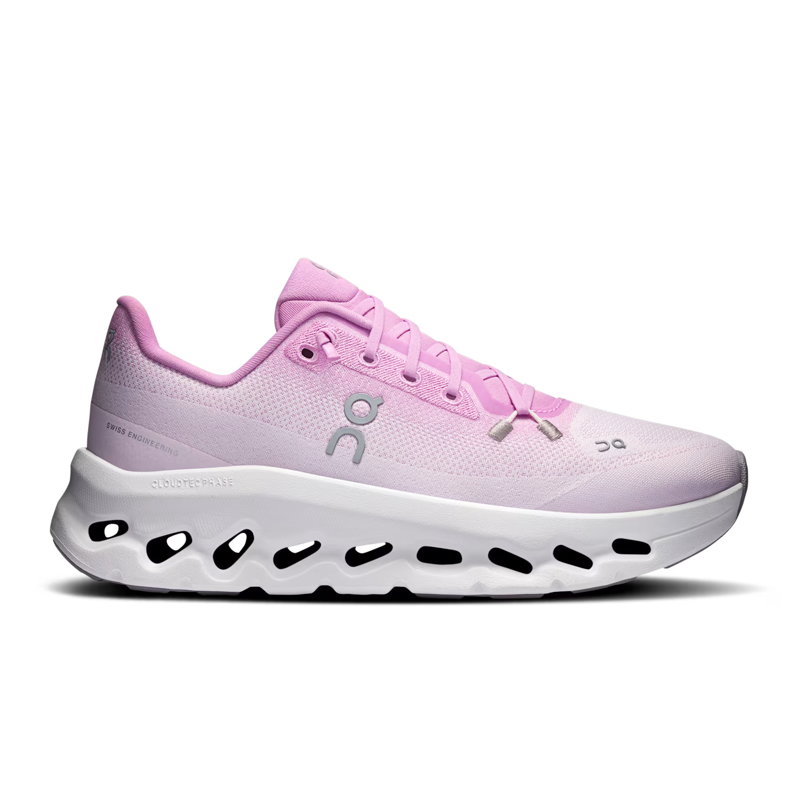 On Running Cloudtilt Bloom Sakura, sneaker lifestyle rose On Running équipée de la technologie CloudTec Phase® et de l'amorti Helion™ vue de profil. 