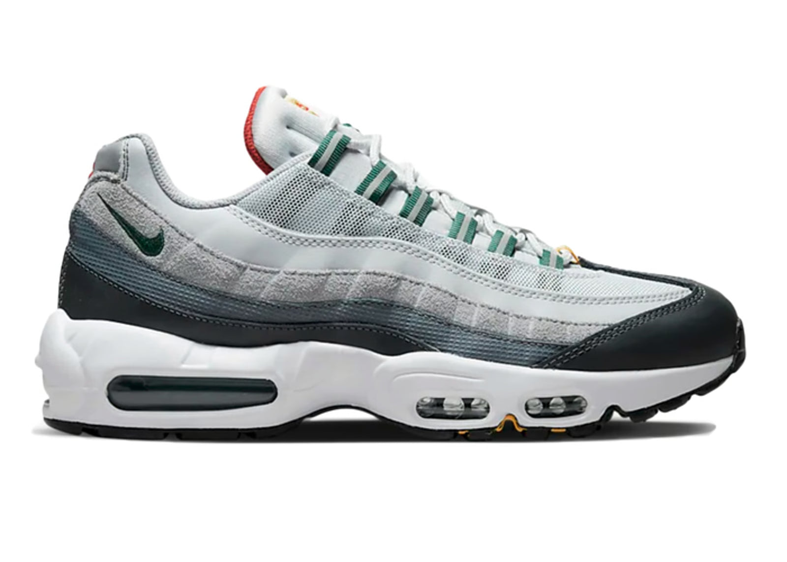 Sneakers Nike Air Max 95 Pure Platinum Gorge Green gris clair et vert en mesh et matières synthétiques avec amorti Air Max visible. Vue extérieur 
