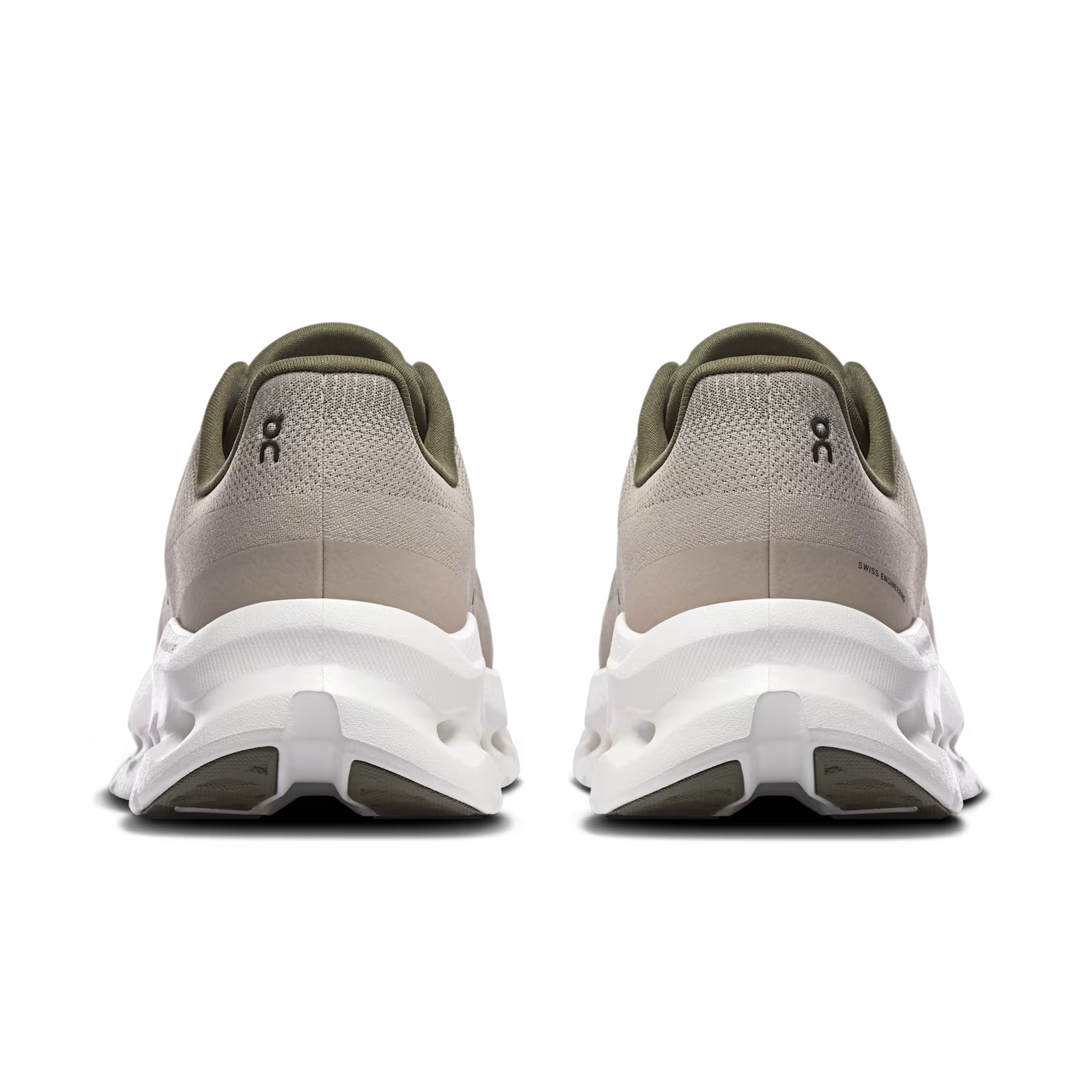 On Running Cloudtilt Olive Desert, sneaker lifestyle On Running vert olive et beige équipée de la technologie CloudTec Phase® et de l'amorti Helion™ vue de derrière. 