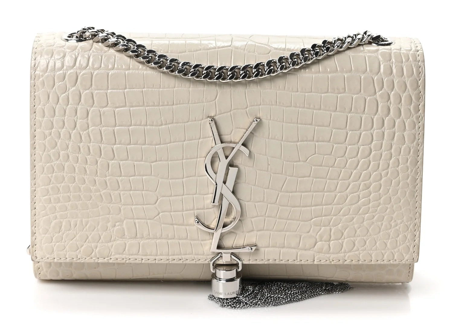 Saint Laurent Kate Tassel Crossbody Crocodile Embossed White en cuir de veau blanc embossé crocodile avec logo Cassandre, pompon et chaîne argentée.