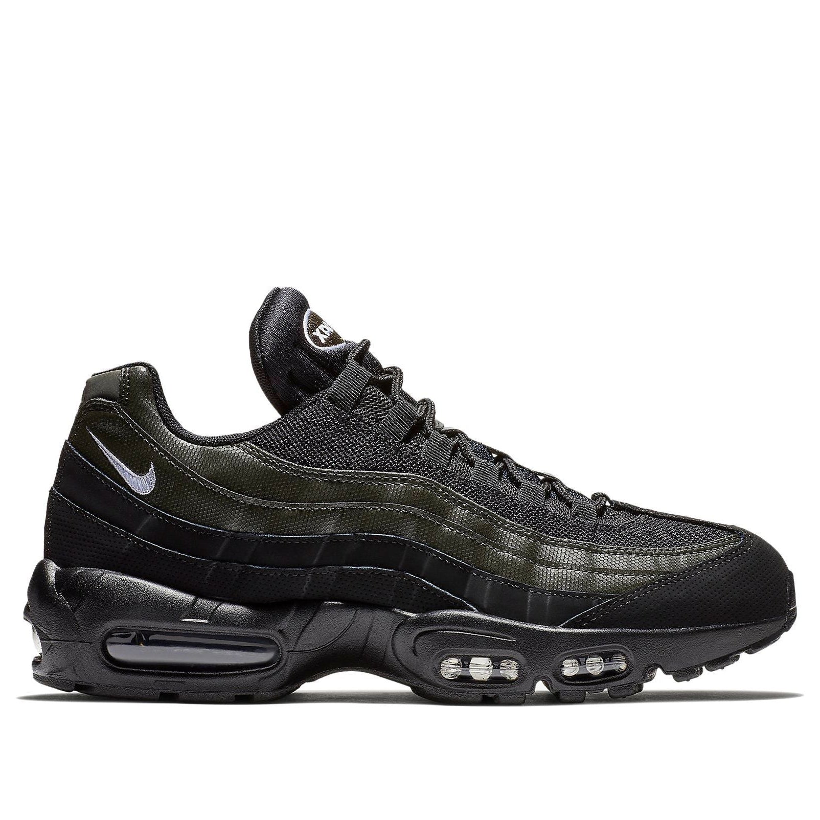 Sneakers Nike Air Max 95 Black Sequoia noires et vert foncé en mesh et matières synthétiques avec amorti Air Max visible. Vue extérieur 