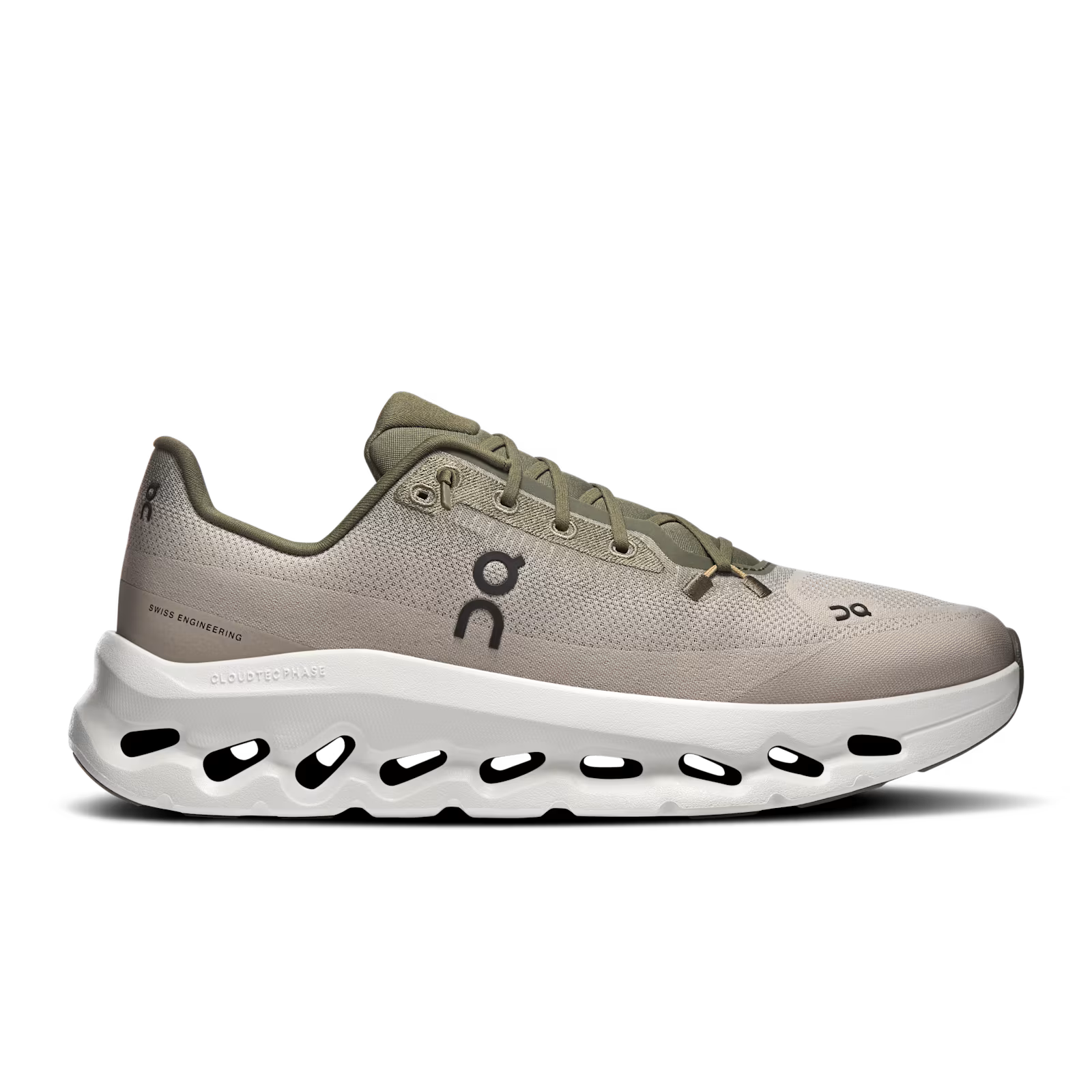 On Running Cloudtilt Olive Desert, sneaker lifestyle On Running vert olive et beige équipée de la technologie CloudTec Phase® et de l'amorti Helion™ vue de profil. 
