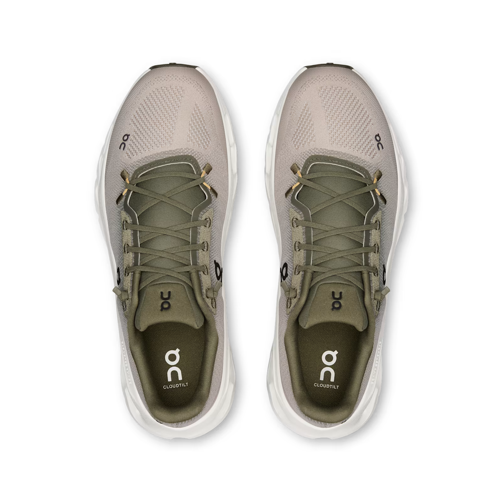On Running Cloudtilt Olive Desert, sneaker lifestyle On Running vert olive et beige équipée de la technologie CloudTec Phase® et de l'amorti Helion™ vue du dessus. 