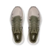 On Running Cloudtilt Olive Desert, sneaker lifestyle On Running vert olive et beige équipée de la technologie CloudTec Phase® et de l'amorti Helion™ vue du dessus. 