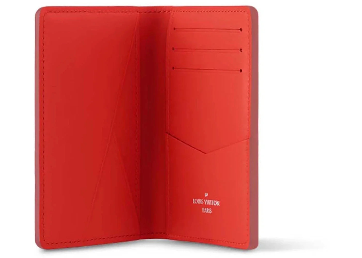 Louis Vuitton Pocket Organizer Vermillion Red, porte-cartes Louis Vuitton compact rouge vermillon avec plusieurs emplacements de rangement.