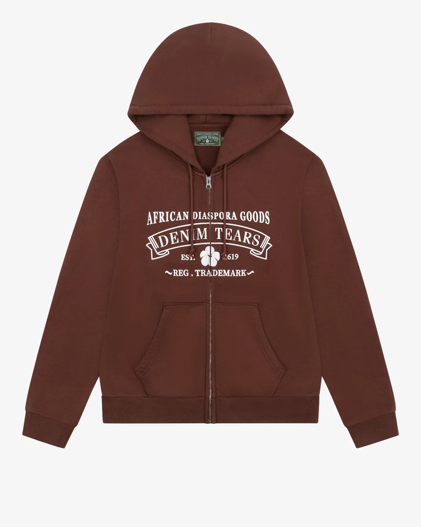 Denim Tears ADG Zip Hoodie Brown, sweat à capuche zippé marron Denim Tears avec manches longues et détails graphiques.