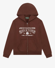 Denim Tears ADG Zip Hoodie Brown, sweat à capuche zippé marron Denim Tears avec manches longues et détails graphiques.
