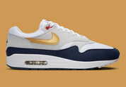  Chaussure de rue Nike Air Max 1 Olympic bleu , blanc , dorée , gris , semelle confortable , vue de profil