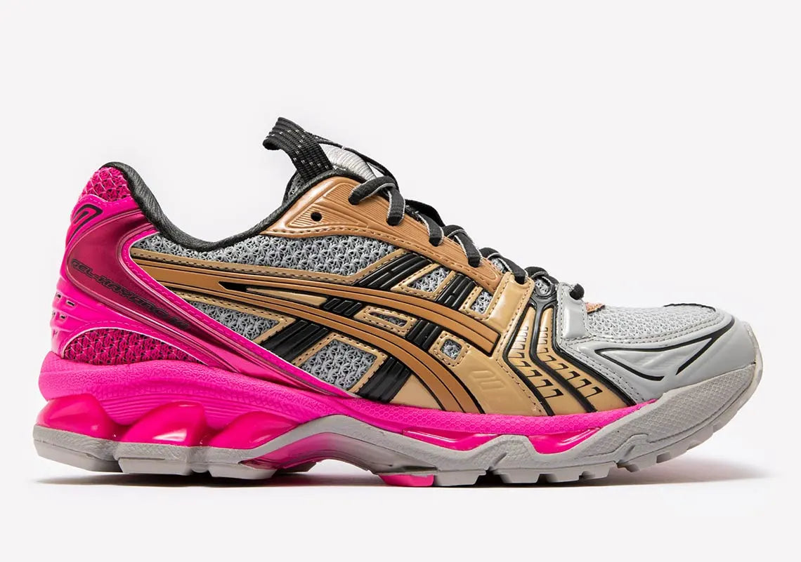 chaussure de running asics gel kayano 14 été rose  , gris , marron, semelle légère , vue de profil