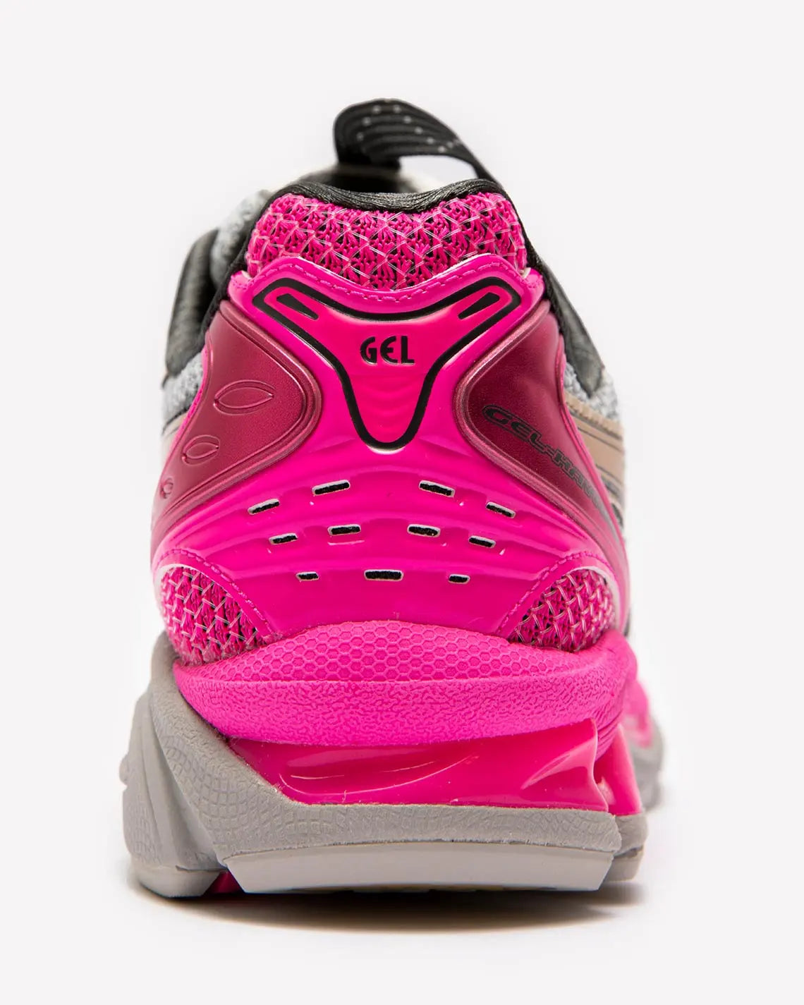 chaussure de running asics gel kayano 14 été rose  , gris , marron, semelle légère , vue de l'arrière