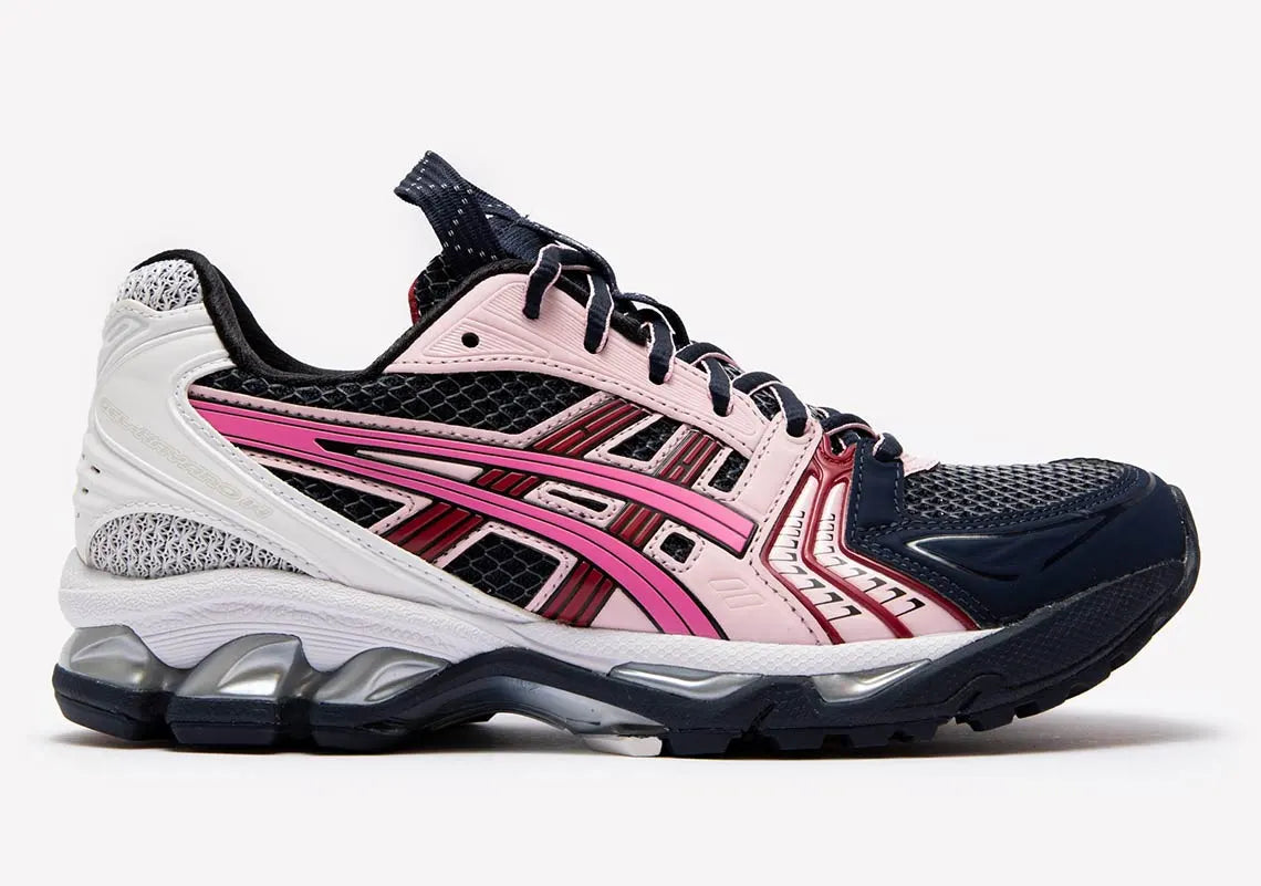 chaussure de running asics gel kayano 14 été blanche rose et bleu, noir, rouge, blanc, vue de profil