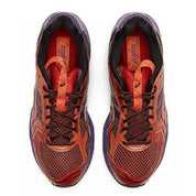 chaussure de runninng asics gel kayano 14 violette et rouge, semelle confortable, vue de haut