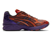 chaussure de runninng asics gel kayano 14 violette et rouge, semelle confortable, vue de profil 