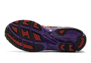chaussure de runninng asics gel kayano 14 violette et rouge, semelle confortable, vue du dessous
