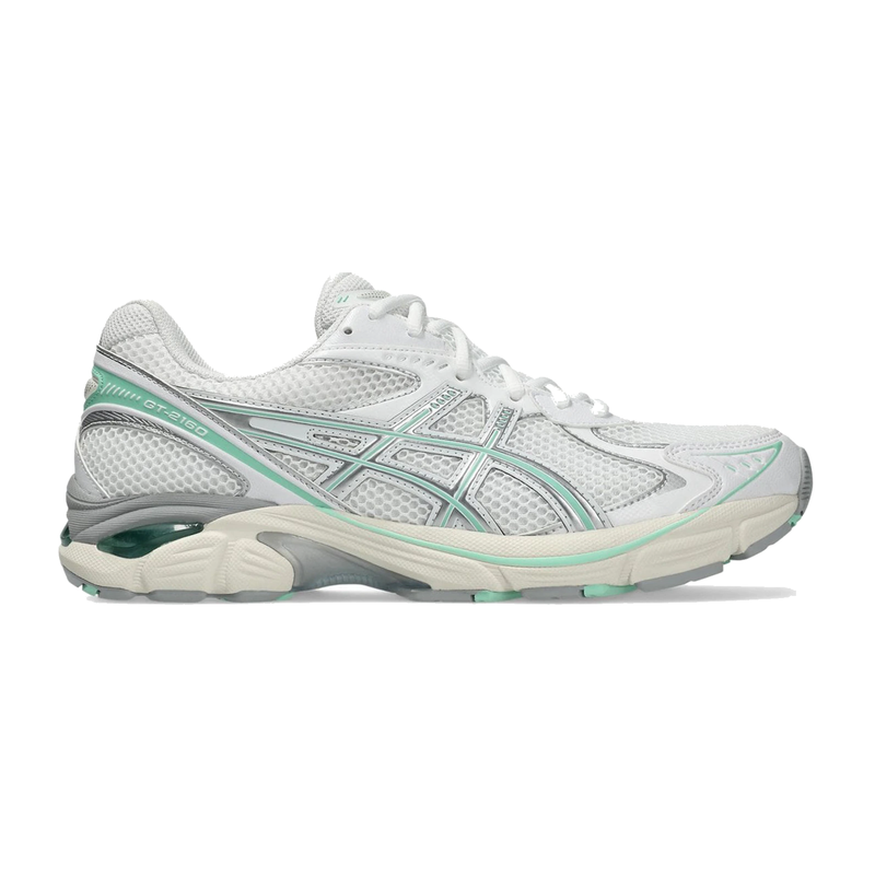 Sneaker ASICS GT-2160 White Ice Green en mesh blanc avec détails vert glacé, amorti GEL et silhouette rétro-running technique.