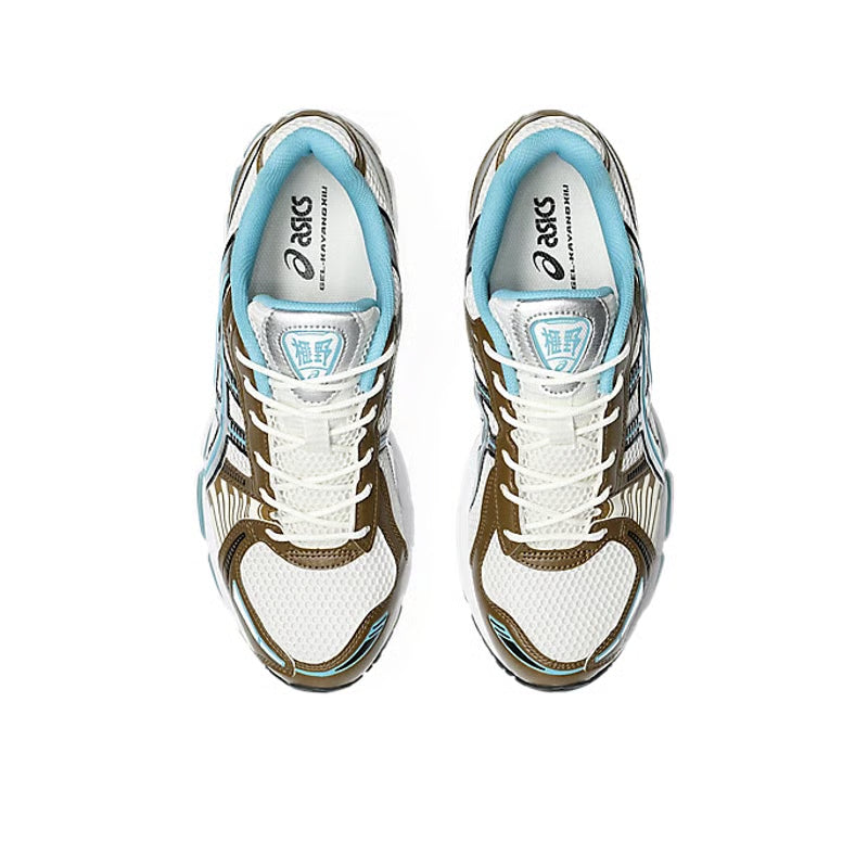ASICS Gel-Kayano 12.1 Brown Blue en mesh brun avec détails bleus, amorti GEL et silhouette rétro-running technique.