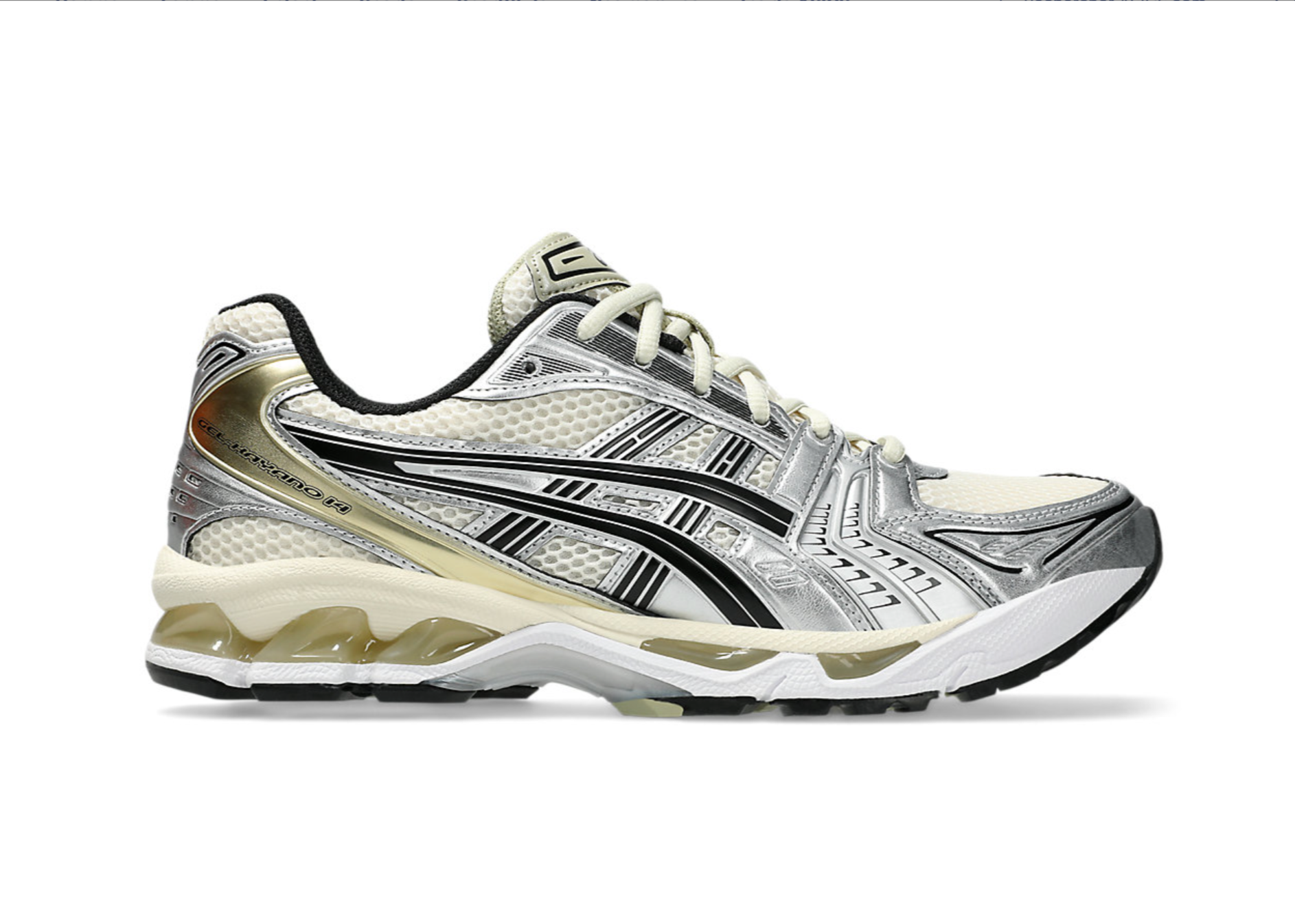 chaussure de running ASICS Gel-Kayano 14 Argenté, semelle confortable, vue de profil