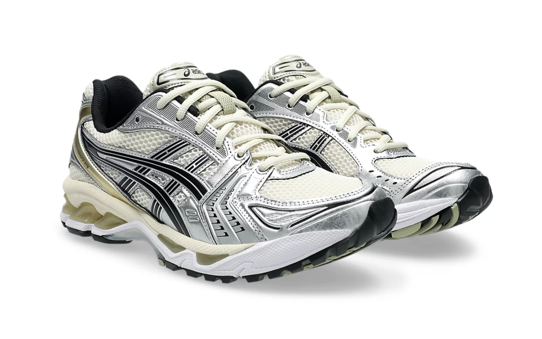 chaussure de running ASICS Gel-Kayano 14 Argenté , semelle confortable , vue de coté