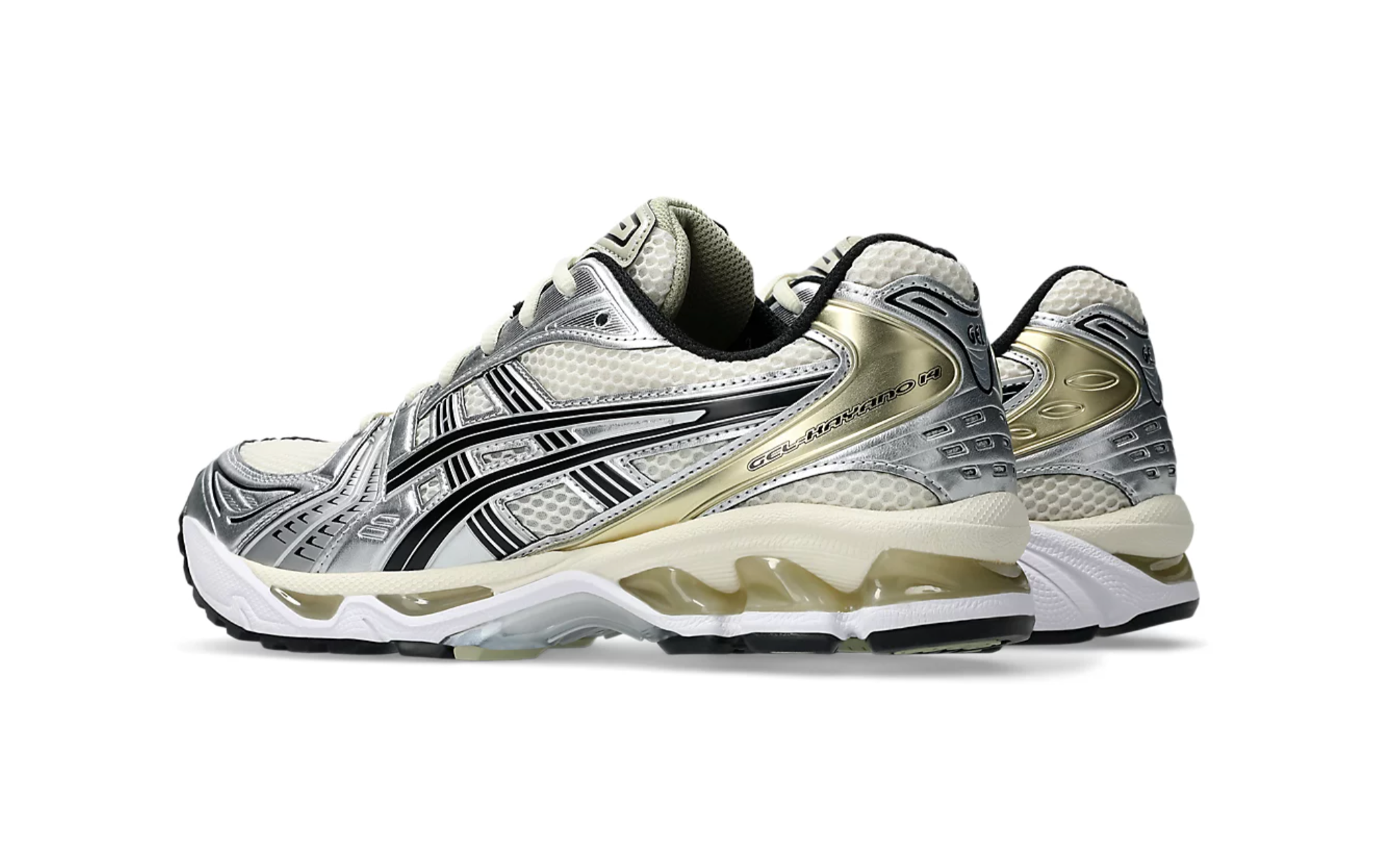 chaussure de running ASICS Gel-Kayano 14 Argenté , semelle confortable , vue de coté