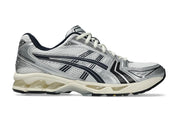  Chaussure de running ASICS Gel-Kayano 14 Jound White Navy , gris argenté , crème , noir , semelle légère et confortable , vu de profil