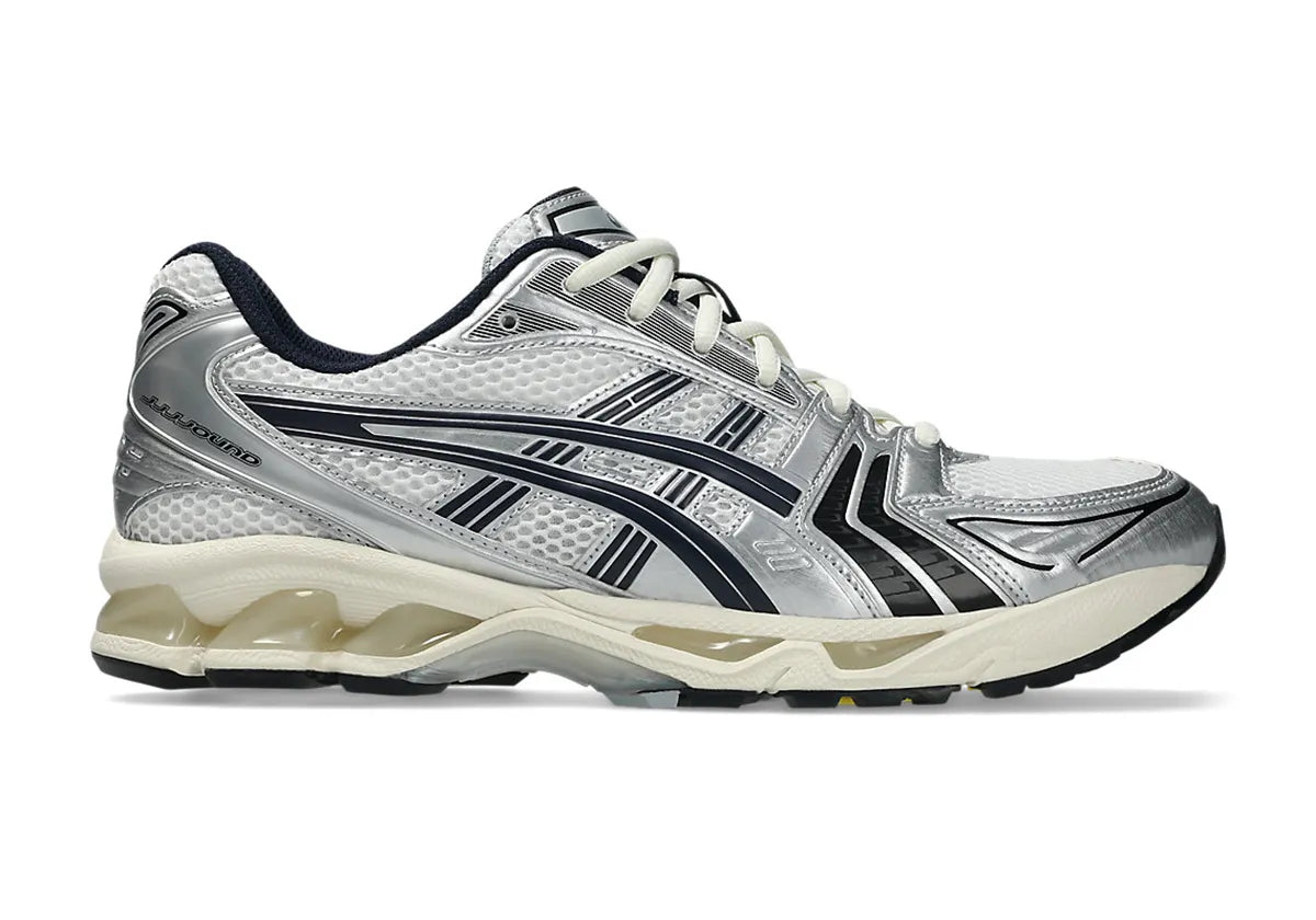  Chaussure de running ASICS Gel-Kayano 14 Jound White Navy , gris argenté , crème , noir , semelle légère et confortable , vu de profil