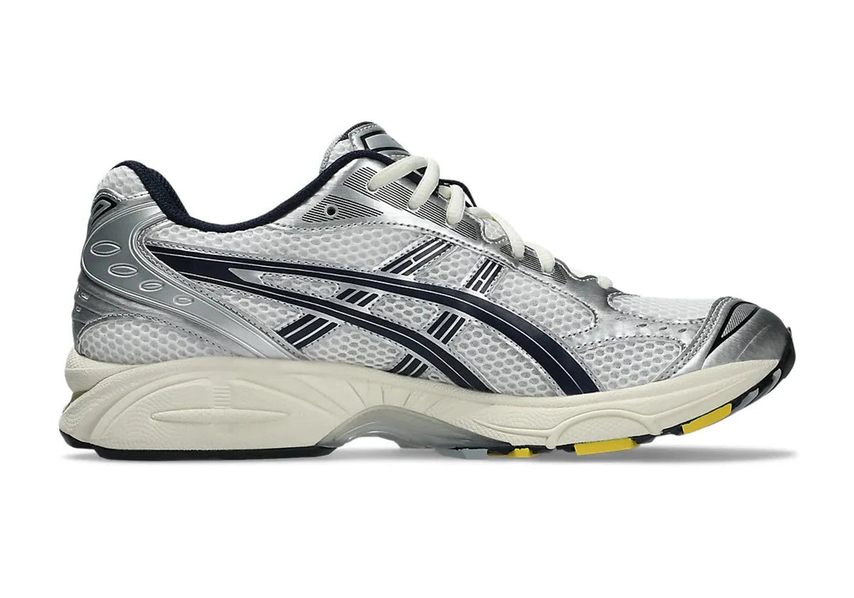  Chaussure de running ASICS Gel-Kayano 14 JJJJound White Navy , gris argenté , crème , noir , semelle légère et confortable , vu de profil
