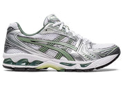  Chaussure de running ASICS Gel-Kayano 14 White Pure Silver Slate Grey Sage , semelle confortable , vue de profil