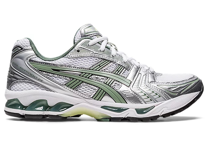  Chaussure de running ASICS Gel-Kayano 14 White Pure Silver Slate Grey Sage , semelle confortable , vue de profil