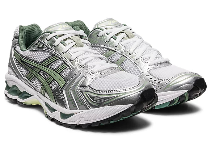  Chaussure de running ASICS Gel-Kayano 14 White Pure Silver Slate Grey Sage , semelle confortable , vue de 3/4