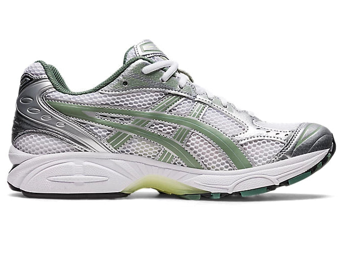  Chaussure de running ASICS Gel-Kayano 14 White Pure Silver Slate Grey Sage , semelle confortable , vue de profil