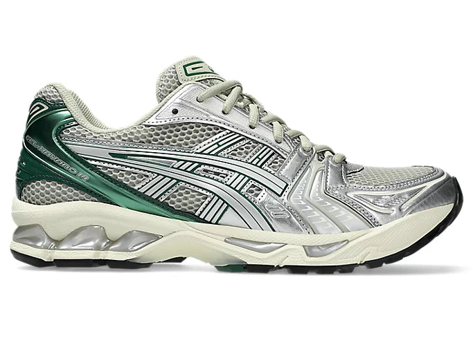 ASICS Gel-Kayano A14 Dried Leaf Green Pure Silver – sneakers rétro running vert feuille et argent avec amorti GEL, vue de face