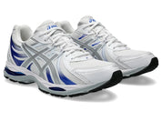 ASICS Gel-Sekiran White Lapis Lazuli Blue en mesh blanc avec détails bleu profond, amorti GEL et silhouette technique contemporaine.
