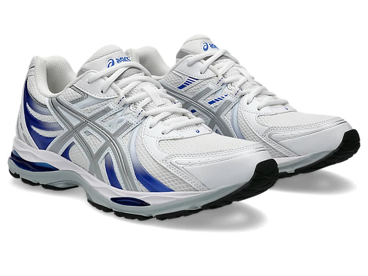 ASICS Gel-Sekiran White Lapis Lazuli Blue en mesh blanc avec détails bleu profond, amorti GEL et silhouette technique contemporaine.