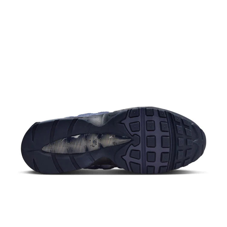 Sneakers Nike Air Max 95 Zip SP Loyal Blue bleues en matières techniques avec zip frontal et amorti Air Max visible. Vue de dessous 