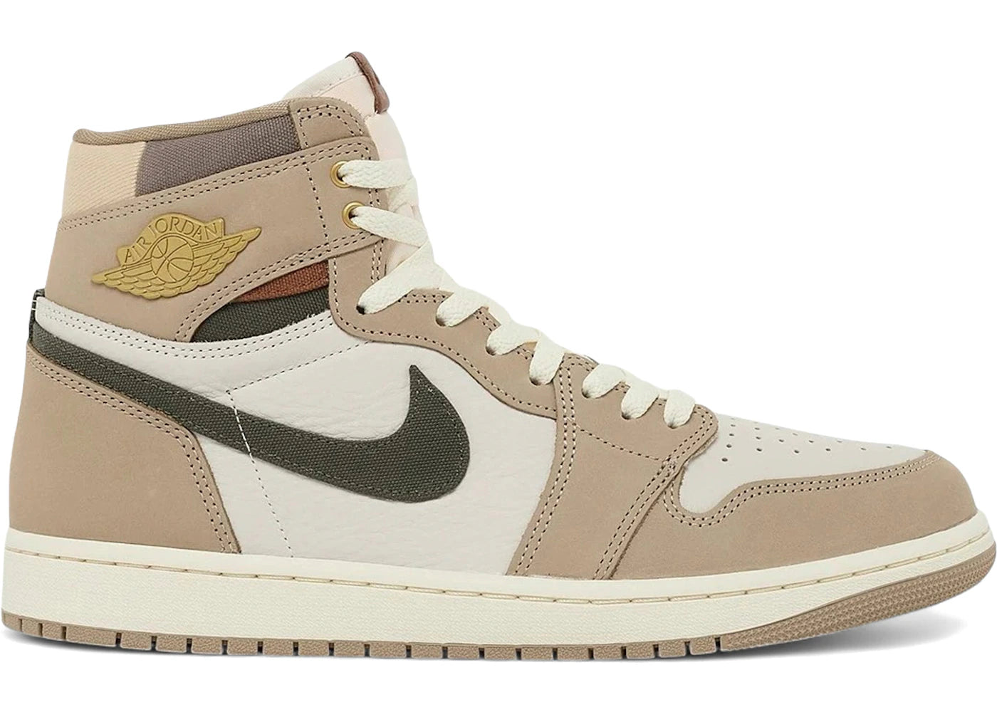 Sneaker Air Jordan 1 Retro High OG Khaki en cuir premium beige et blanc avec logo Wings et semelle Air classique.