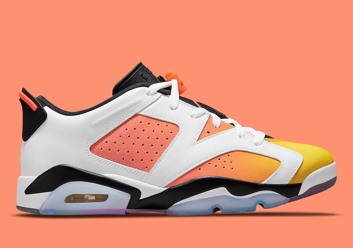 Air Jordan 6 Retro Low Dongdan DC1048-110 en cuir blanc avec dégradé Tour Yellow et Total Orange, accents noirs et semelle translucide colorée.
