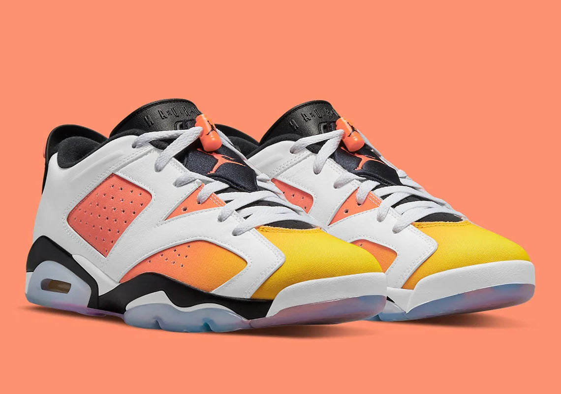 Air Jordan 6 Retro Low Dongdan DC1048-110 en cuir blanc avec dégradé Tour Yellow et Total Orange, accents noirs et semelle translucide colorée.