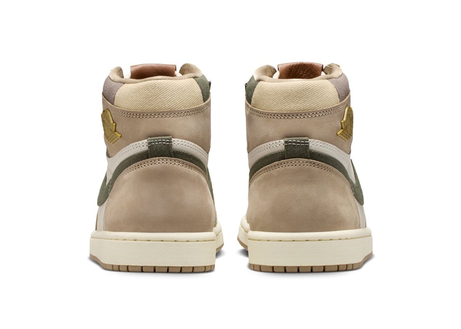 Sneaker Air Jordan 1 Retro High OG Khaki en cuir premium beige et blanc avec logo Wings et semelle Air classique.
