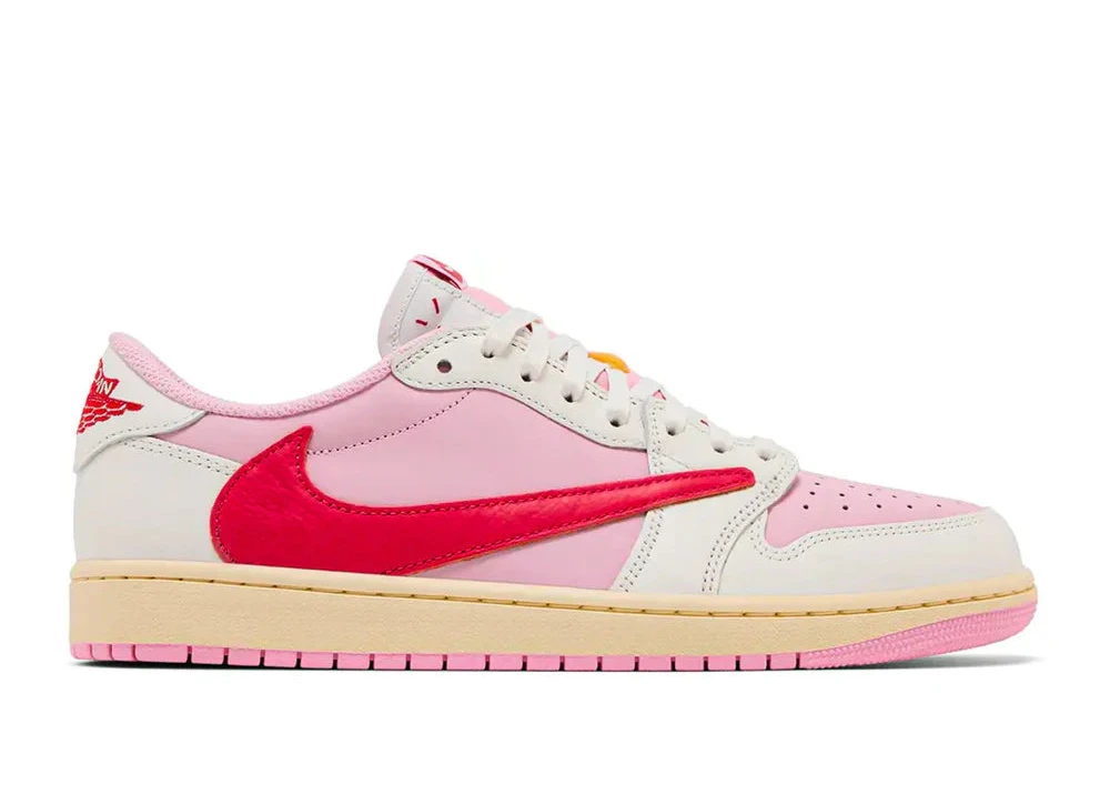 Sneaker Air Jordan 1 Low Travis Scott Sail Tropical Pink en cuir premium blanc cassé et rose avec Reverse Swoosh et semelle Air OG.