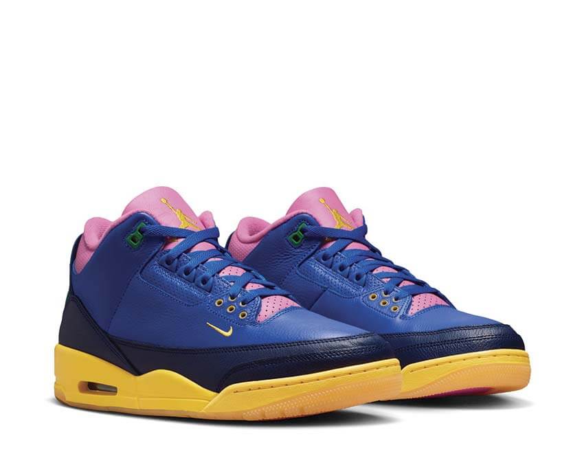 Air Jordan 3 Brazil jaune et verte avec print elephant et semelle Air visible iconique. vue de 3/4