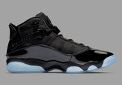 Air Jordan 6 Rings Black Ice 322992-011 noire en mesh balistique et cuir verni avec sangle, toggle et semelle extérieure translucide glacée.