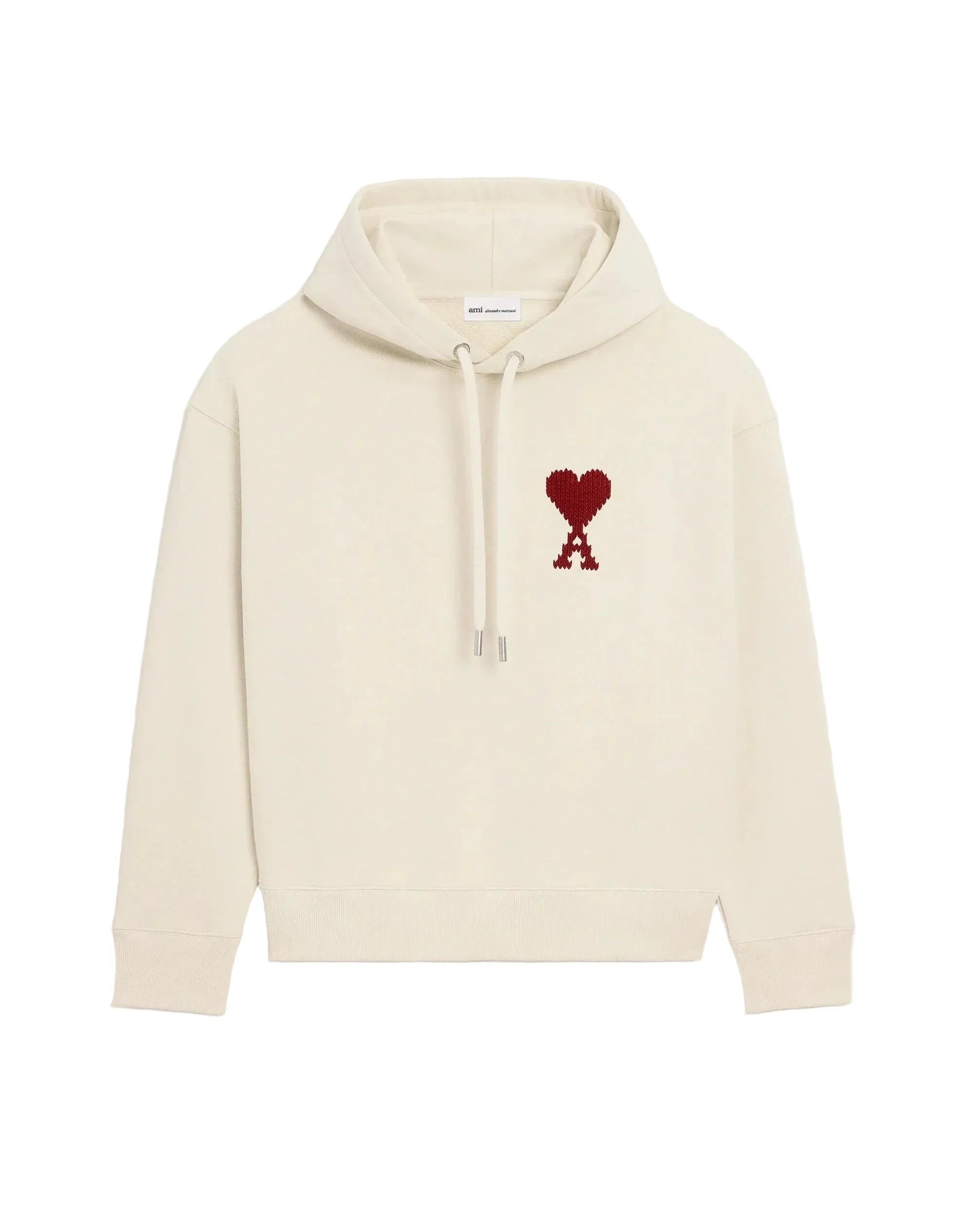 Ami Paris Hoodie Gros Coeur Brodé Beige en coton beige avec coupe boxy, capuche et grand logo Ami de Coeur brodé sur la poitrine.